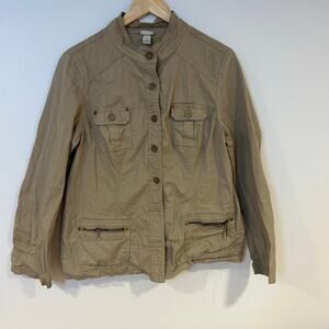 VENEZIA Sz 14/16 Khaki Chore Button Jacket Lightweight Zip Pckt Mandarine Collar